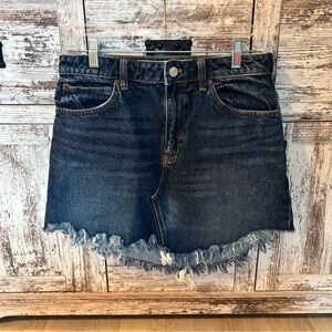 We The Free Blue Denim Skirt with fringe dark denim size 29 front closure